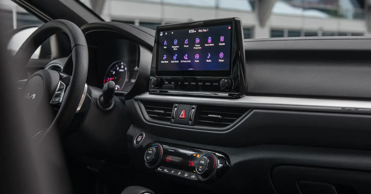 2023 Kia Forte infotainment system and safety features on screen