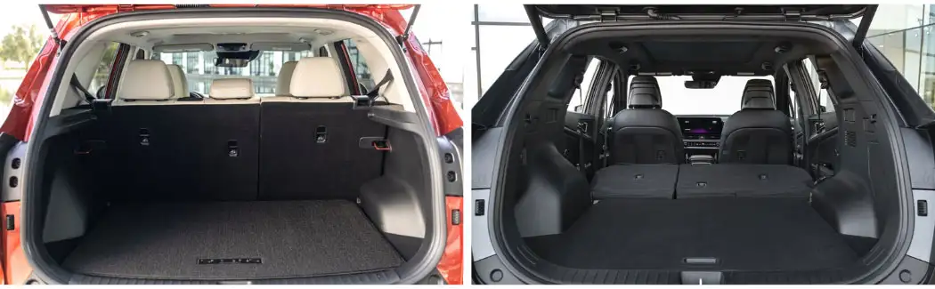 2023 Kia Sportage back hatch/trunk area. One half of image with seats up and other half with seats down showing full capacity.