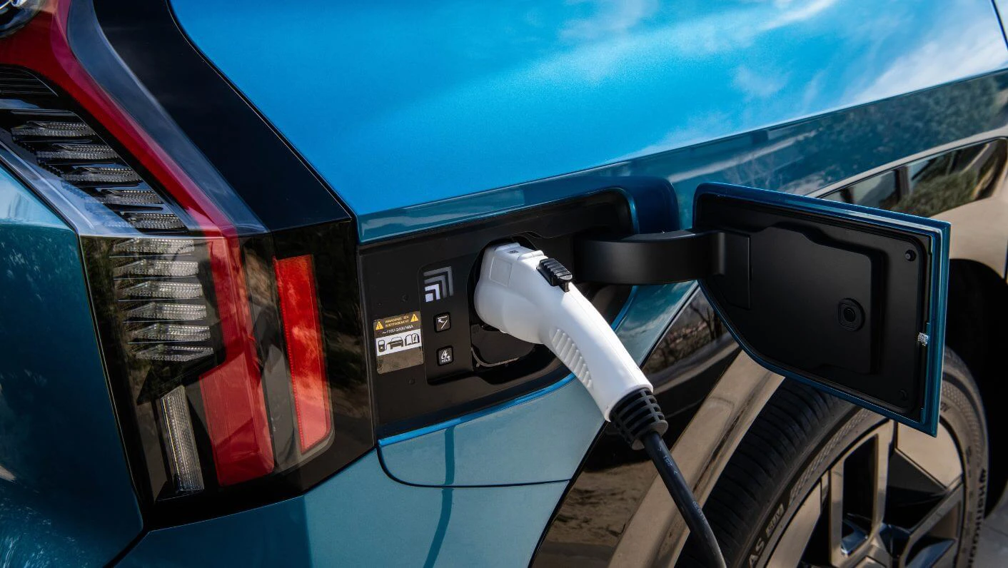 Close-up of the charging port of the Kia EV9 Fast Charging