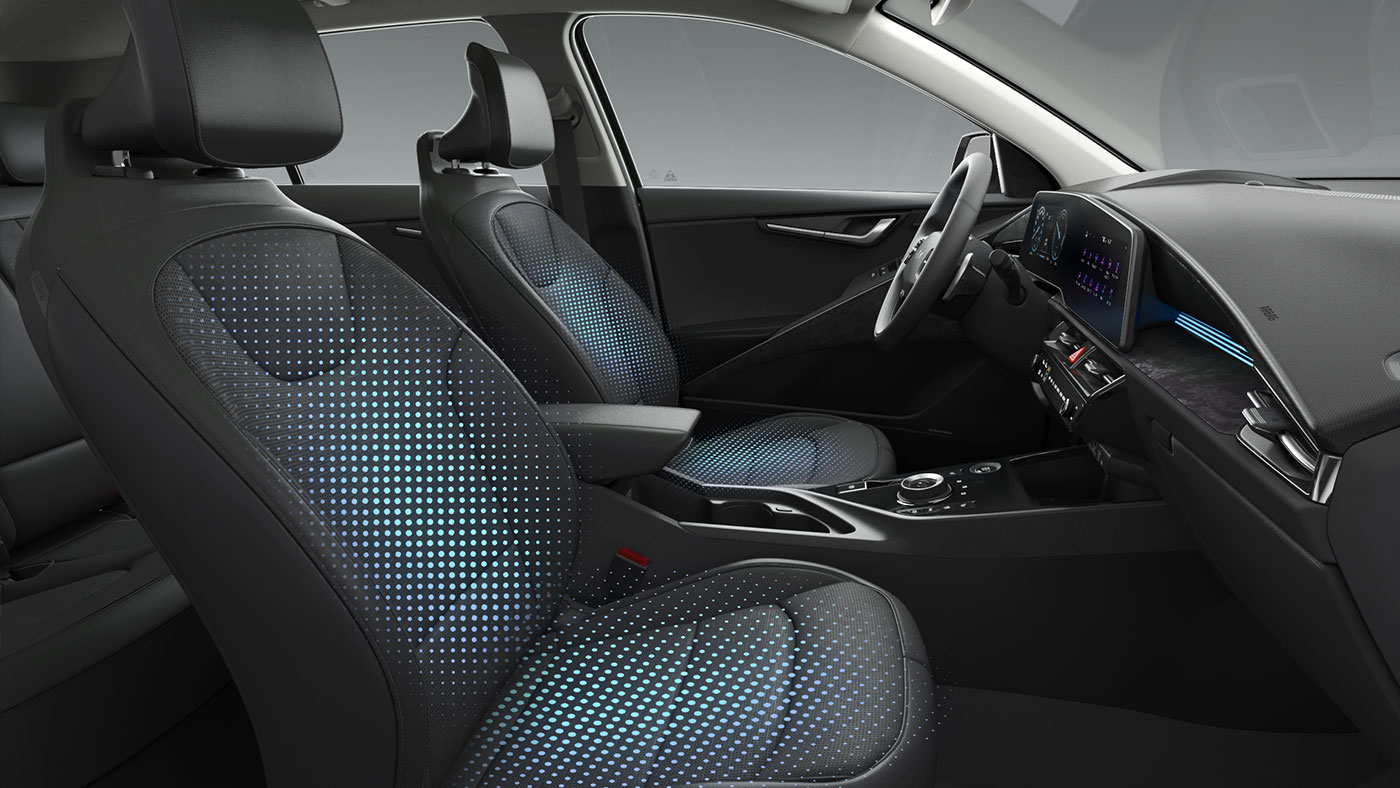 Intérieur du Niro EV avec sièges chauffants et option de refroidissement par air en option.