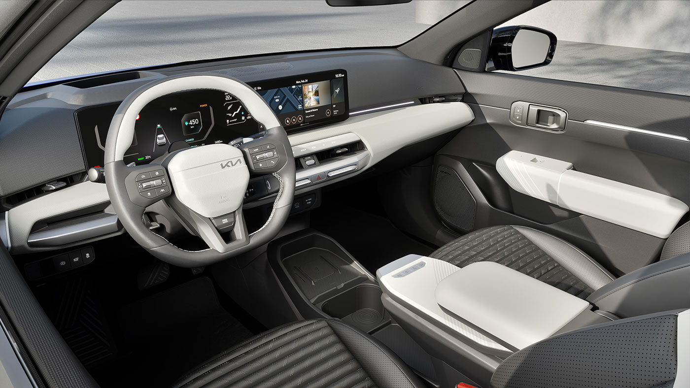 Blue Kia EV4 electric sedan interior panoramic digital display