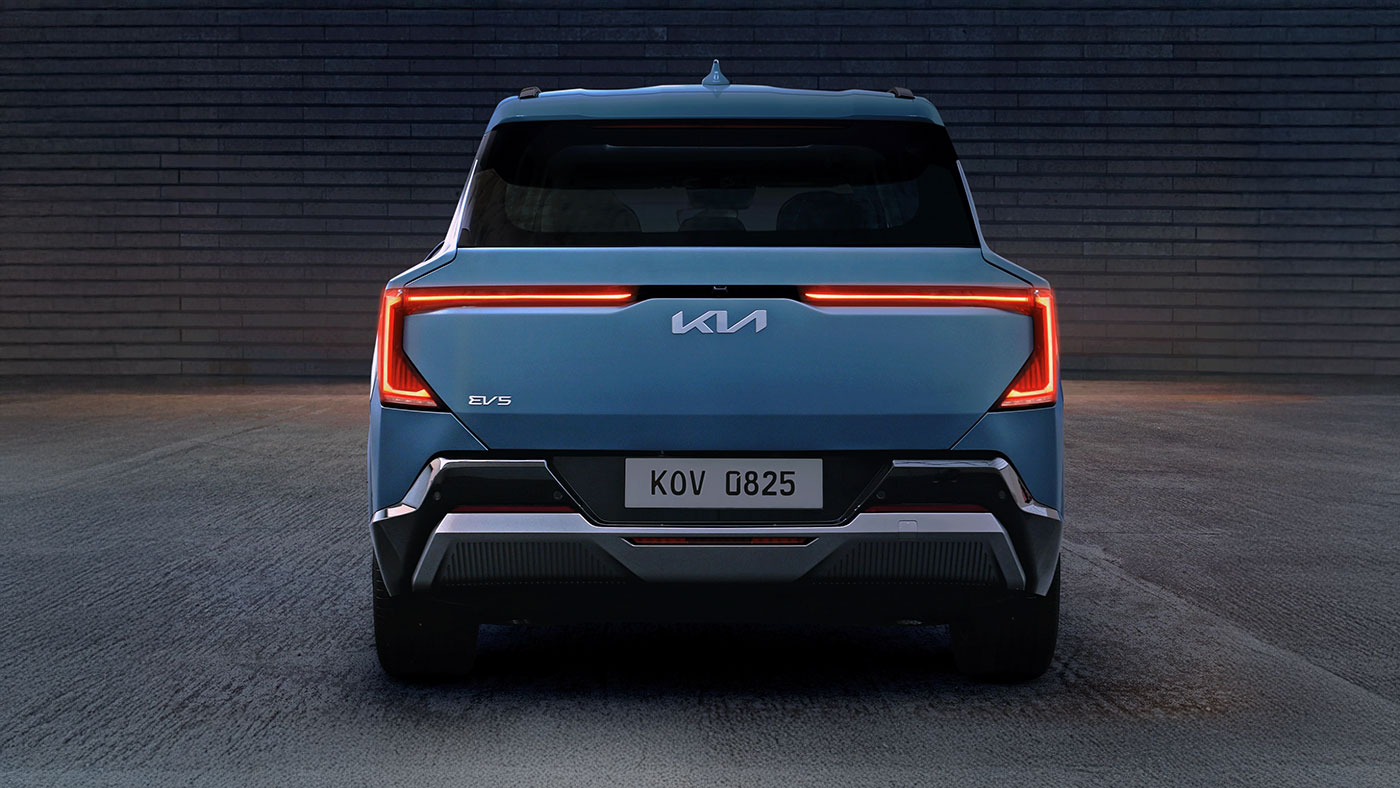 Blue Kia EV5 electric Compact SUV rear exterior LED taillights