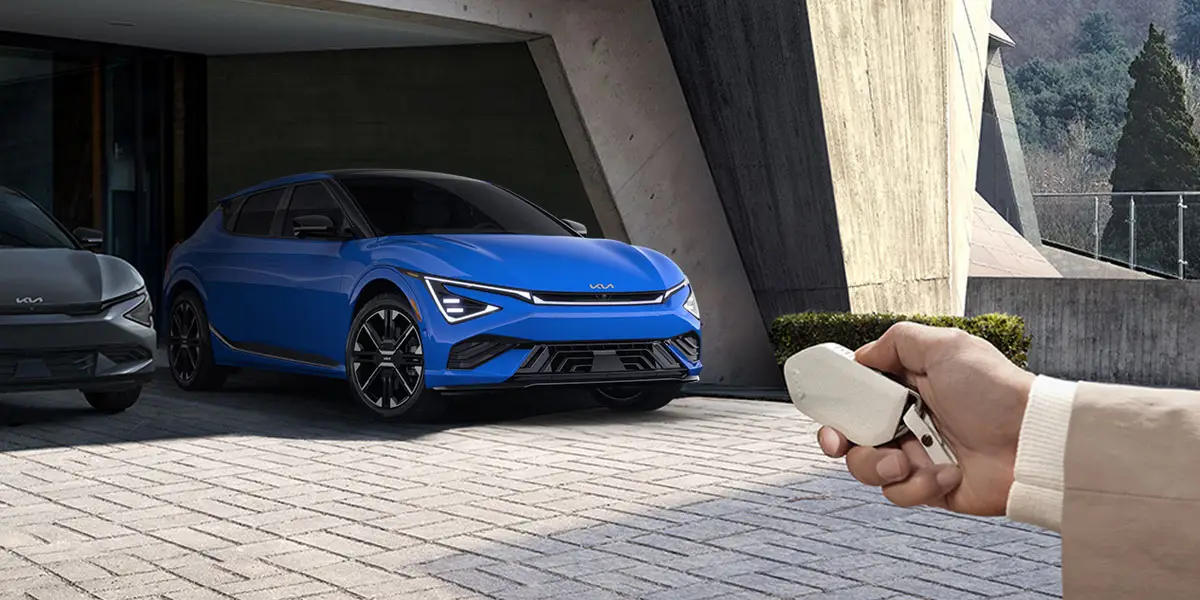 The EV6 in Aurora Black Pearl colour with Forward Collision-Avoidance Assist safety feature.